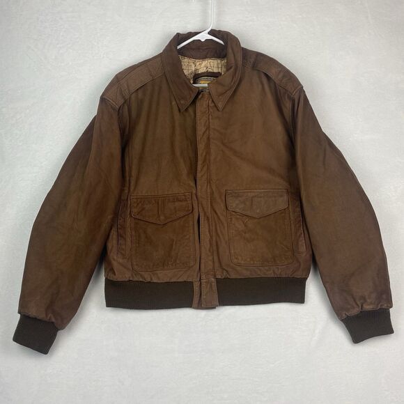 Vintage Hunters Run Bomber Jacket Mens Medium Brown Leather Map